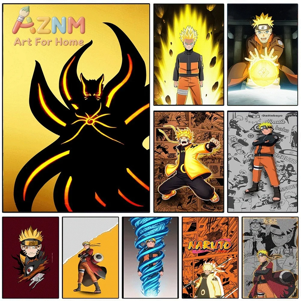 Anime Naruto Canvas Wall Art Kurama Nine Tails Fox Silhouette Yellow Background Poster Unframed Canvas Painting Bedroom Living