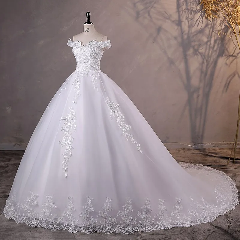 Neu von der Schulter Spitze Brautkleid Applikation Perlen Brautkleid mit Zug Ballkleid Prinzessin klassische Brautkleider