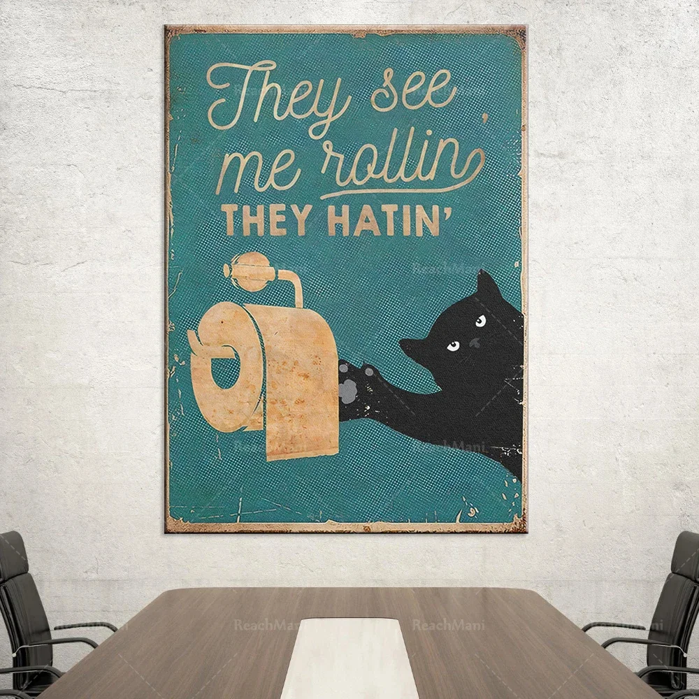 Black Cat Poster, They See Me Rollin Their Hatin Print, Funny Bathroom Toilet Decor, Black Cat Art Print, Funny Poster