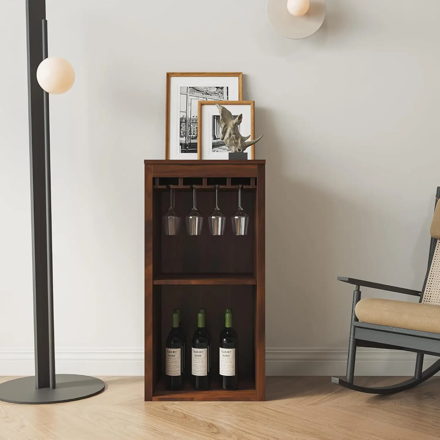 

Modular Wine Bar Cabinet,Kitchen Hutch Storage Cabinet with Open Shelves and Wine Glasses Rack