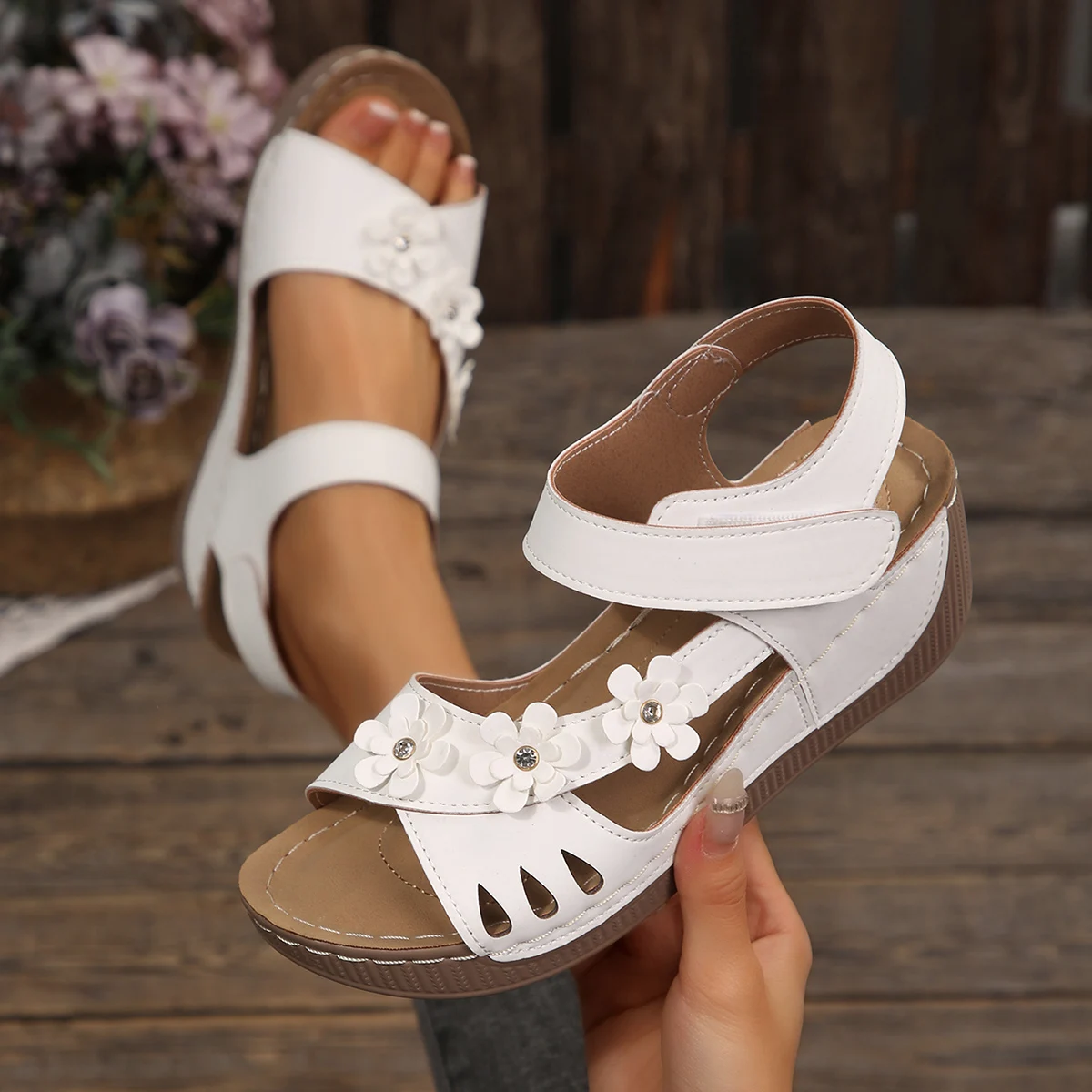 Outdoor Women Flower Wedge Sandals 2026 Summer Fashion Platform Sandals Chunky Heel Open Toe Beach Shoes Casual Outdoor Sandals