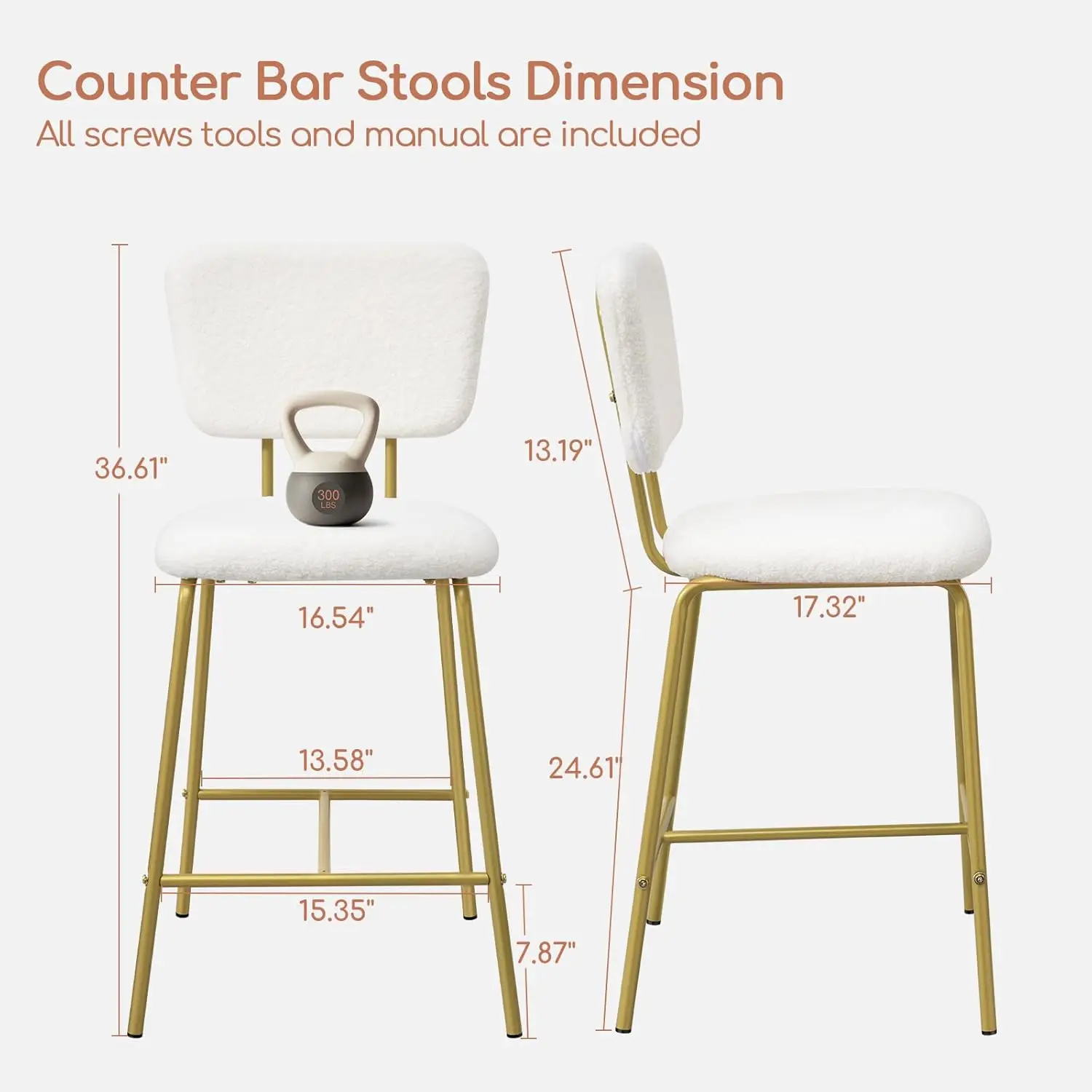 Counter Height Bar Stools Set of 4 - Modern Boucle White Barstools with Gold Metal Legs, Armless Bar Chair for Kitchen