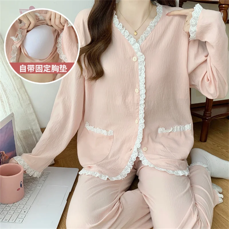 Pyjama Pour Femme Bra Pad Long Sleeve V Neck Cardigan Pant Set Buttons Elegant 2 Pieces Pajamas Women Outfit Casual Sleepwear