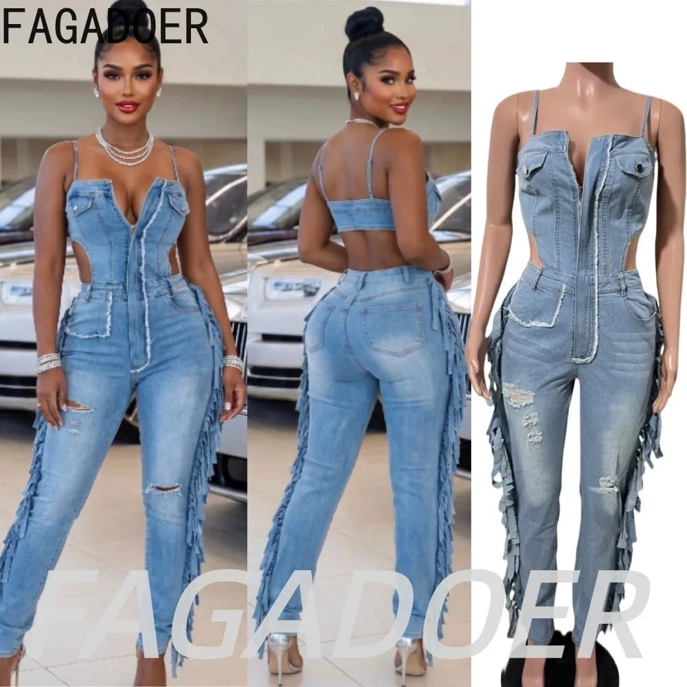 FAGADOER Fashion Fringed Bodycon Denim Jumpsuits Women Sexy Spaghetti Strap Hollow Out Zipper Pocket Patchwork Romper Streetwear