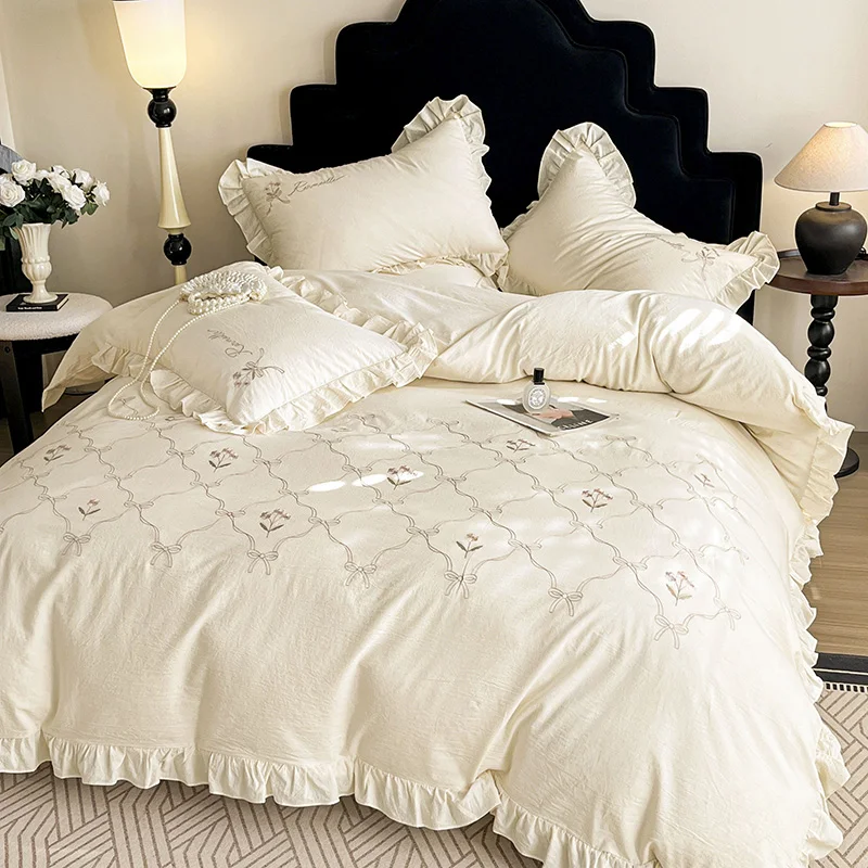 Flowers Embroidery Ruffles Luxury Bedding Set 100% Cotton Duvet Cover Flat/Fitted Bed Sheet Pillowcases 4Pcs