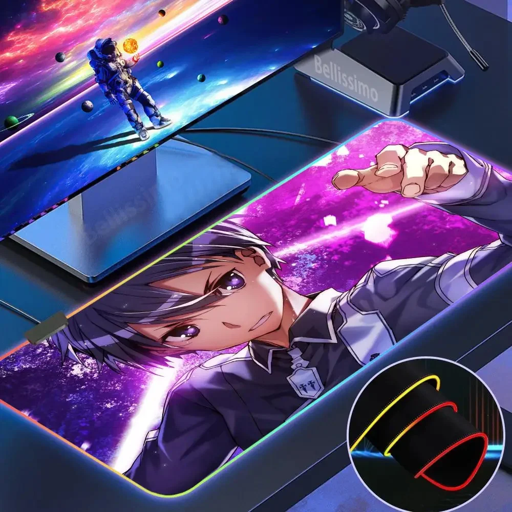K_kirito RGB Rubber Anime HD Mouse Pad LED Gamer Mousepads Size For E-sports Keyboard Luminous Desk Mat Computer Accessories