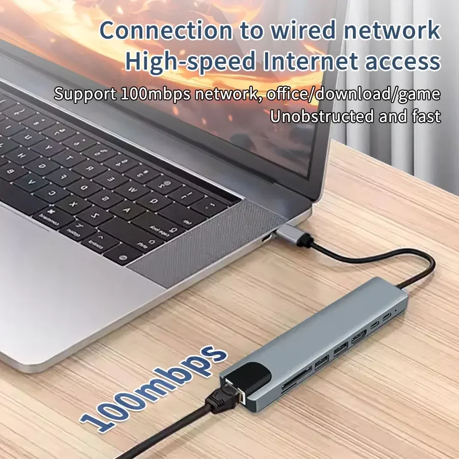 Adaptador multipuerto de concentrador USB C 8 en 1 con HDMI/4K/USB 3,0/lector de tarjetas SD/carga PD para MacBook/Windows/portátil