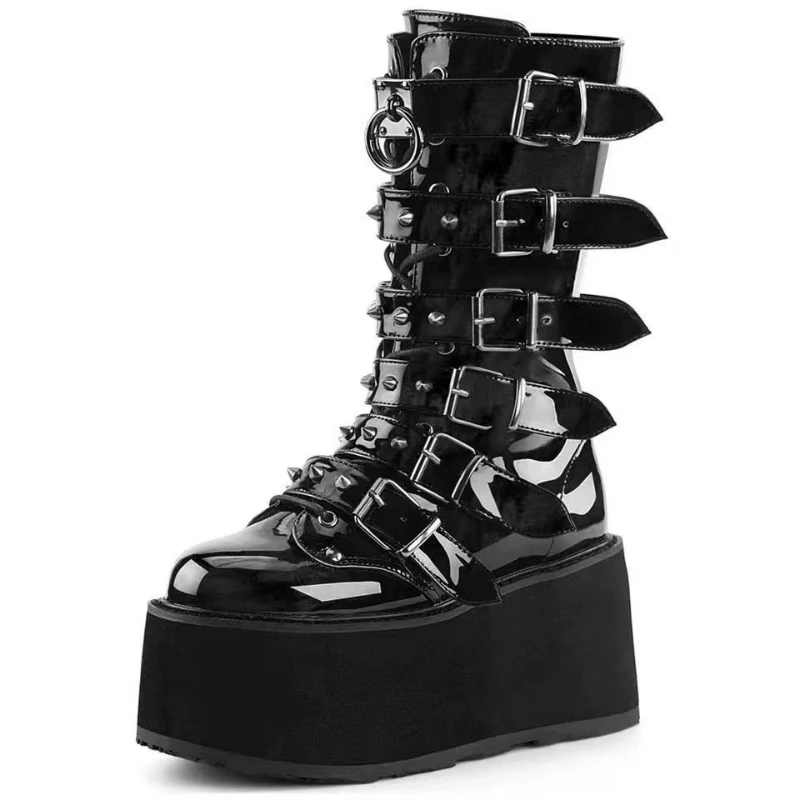 Damenstiefel mit Nieten, Gothic-Schuhe, Punk-Lederstiefel, Plateau-Motorradstiefel in Schwarz, Keilabsatz-Stiefel mit Schnallenverschluss, Halbhohe Stiefel
