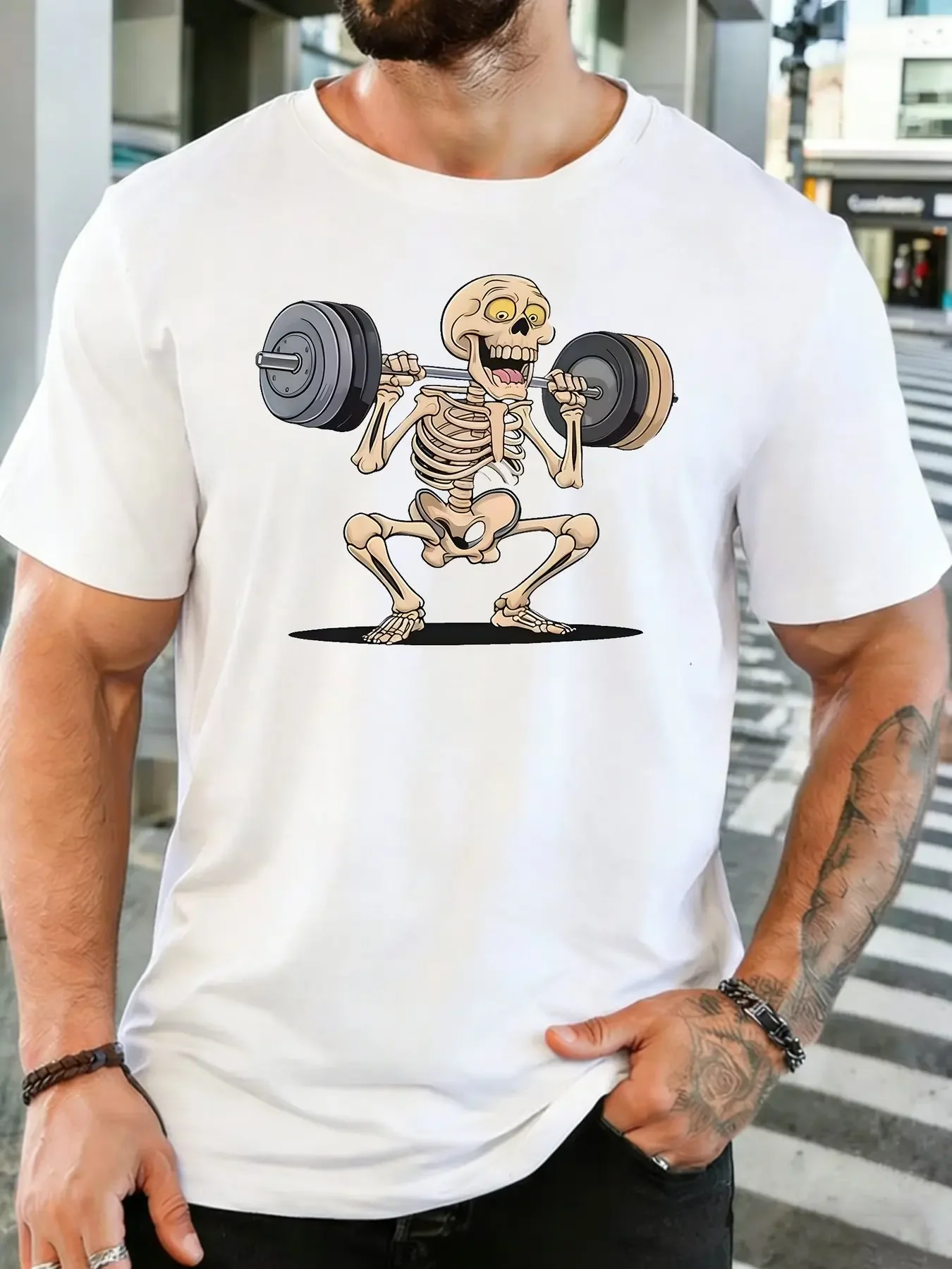 Squatting Skeleton Lifting Barbell Gym Graphic Mens Crew Neck Short Sleeve Cotton T Shirt Fitness Male Workout Casual Tee