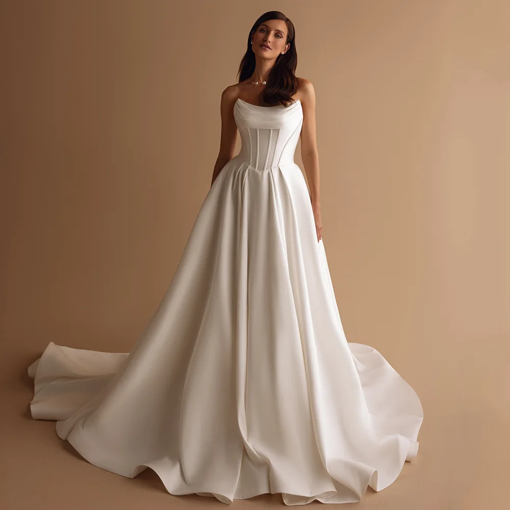 Elegant Satin Wedding Dress for Woman Bride 2025 Strapless Sleeveless pleat A Line Court Train Backless Bridal Gown Customized