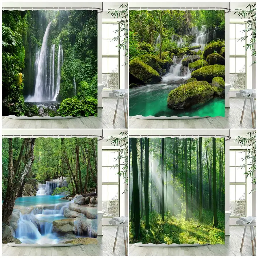 Forest Landscape Shower Curtain Waterfall Tropical Jungle Green Plants Trees Nature Scenery Modern Bathroom Decor Bath Curtains