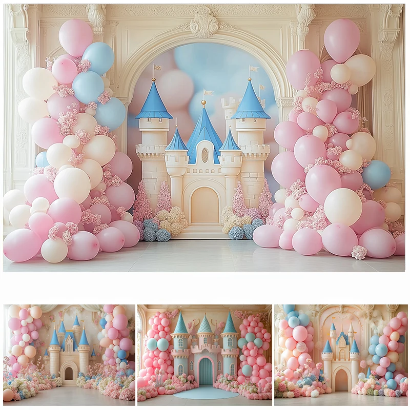 

LS Pink Balloons Castle Backdrops Kids Girl Photography Props Child Adult Photocall Decors Arch Door Backgrounds