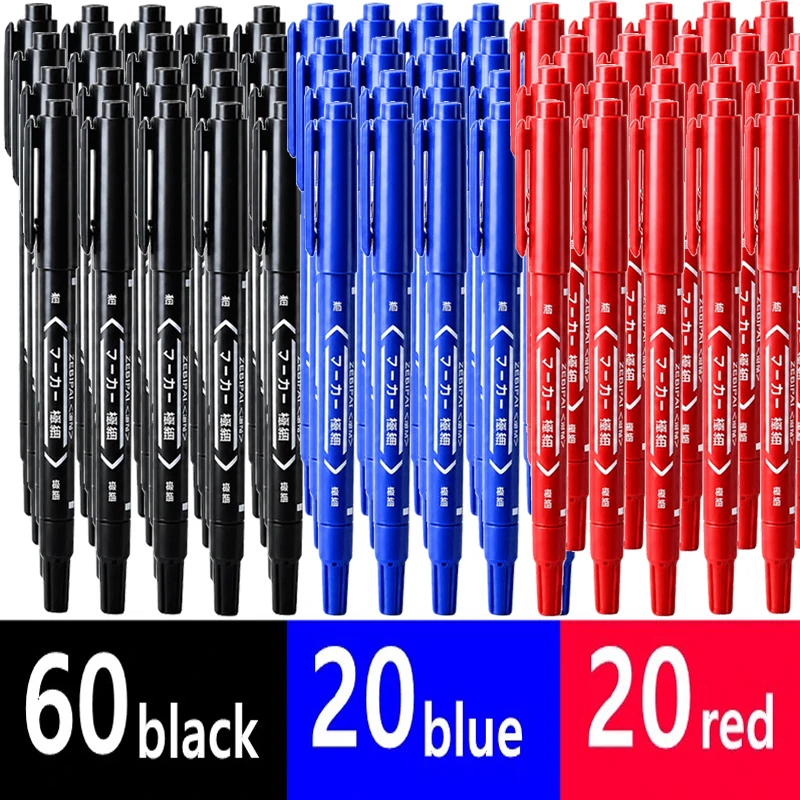 100/3Pcs Dual Tip Permanent Markers Black Blue Red Oil-Based Pens, Waterproof Markers for Office School Stationery Art Supplies