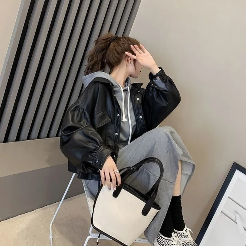 

​ Корейская свободная короткая куртка из искусственной кожи для женщин, новинка 2025 года, стильная повседневная уличная куртка с воротником ​