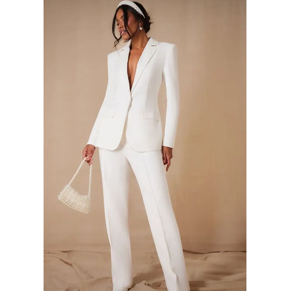 Fashion Chic White Suits for Women Single Breasted 2 Pieces Jacket Pants Female Clothing Formal Banquet Office Lady's Costume