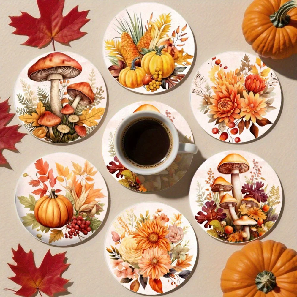 Fall Pumpkin Leaf Pattern 2D10CM Wooden Coaster Country Style Coffee Shop Office Home Decor Party Seasonal Festive Decor Gift