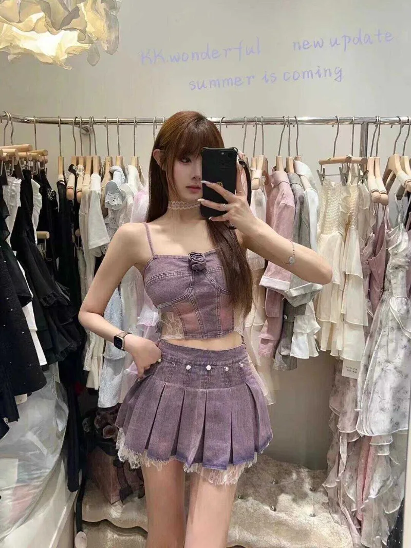 

Pure Sexy Denim Suit Women's Summer Purple Camisole High Waist Mini Skirt Two-piece Set Fashion Female Clothes