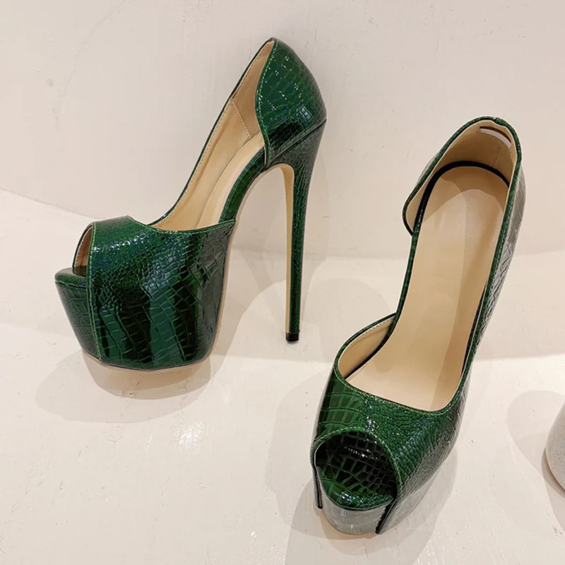 Liyke 2024 New Green Snake Print Leather Platform Pumps Women Sexy Slingback Peep Toe Extreme High Heels Strip Pole Dance Shoes