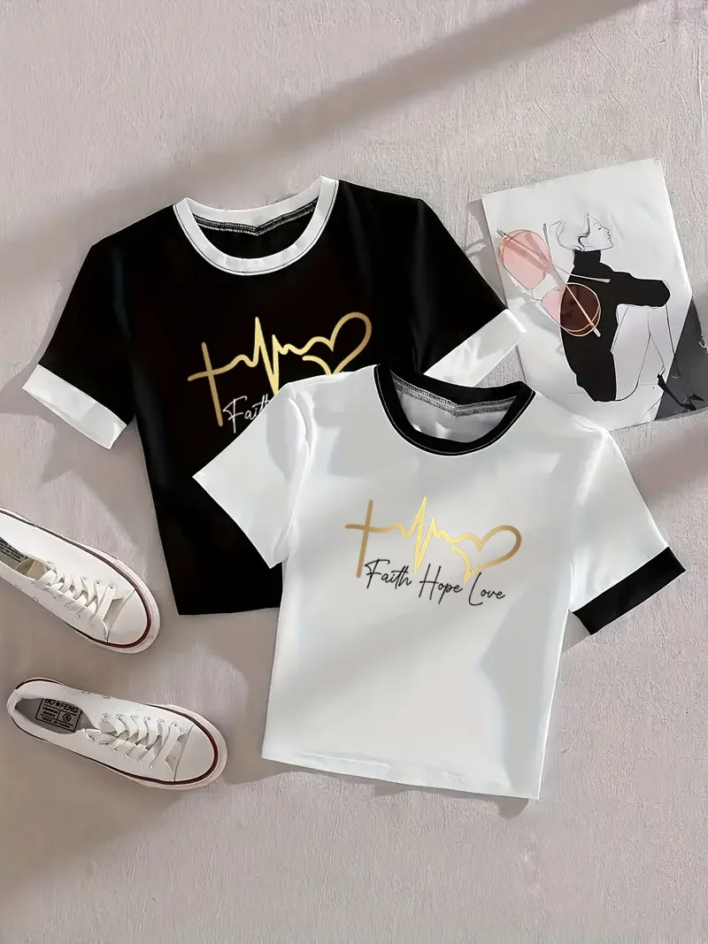 2-Pack - Summer Women's Short-Sleeved T-Shirts with Letter Print, Casual Short Tops