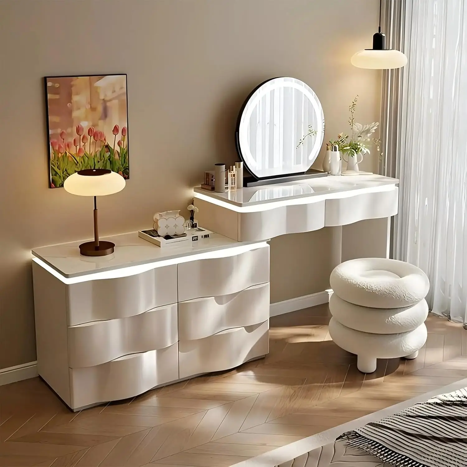 Vanity Desk Set, Solid Wood Vanities for Bedroom, Modern Dressing Table with LED Smart Mirror and Rock Slate Desktop, Makeup Van