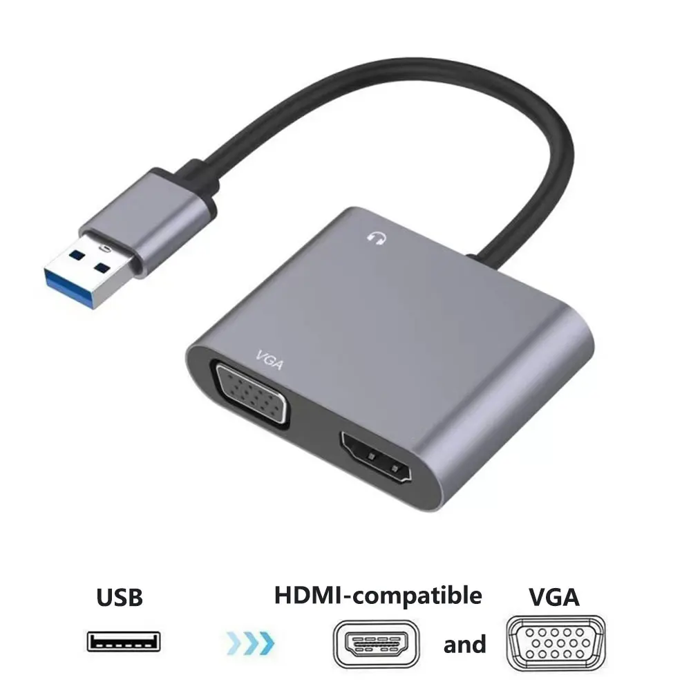 Adaptateur VGA compatible USB vers HDMI, 1920x1080P, sortie touristique, convertisseur multi-affichage pour Mac OS, Windows 7, 8, 10/11, ordinateur portable