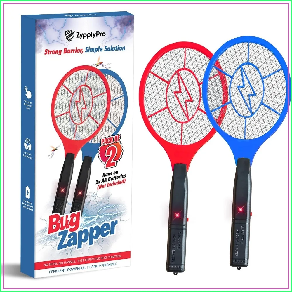 2-Pack Electric Fly Swatter 3000V Bug Zapper Racket with Safety Mesh, Handheld Mosquito Killer for Indoor & Outdoor Use, AA Batteries Required