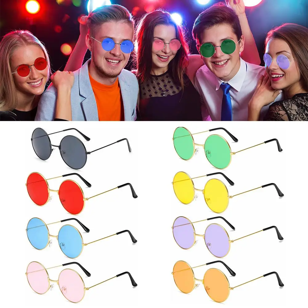 Women Men Hippie Disco Eyewear Circle Glasses Round Sunglasses Metal Sunglasses