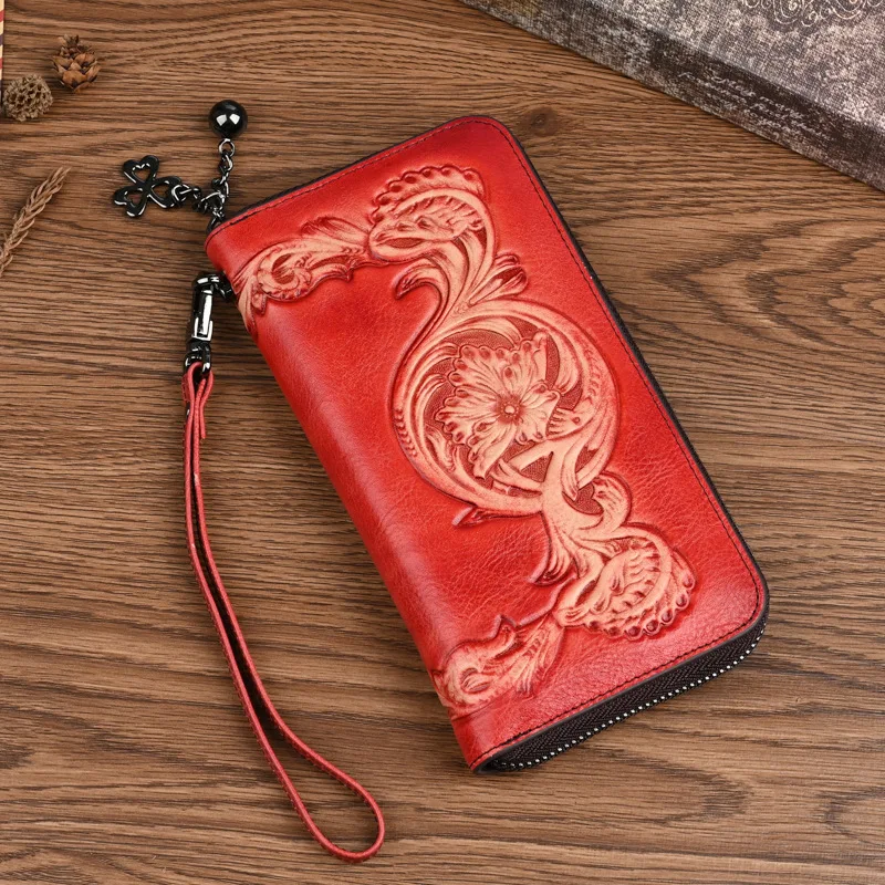 LOMCEL TY24 Layered Cowhide Women's Wallet - New Multi-functional Zippered Handbag with Retro Ethnic Style Leather Pouch