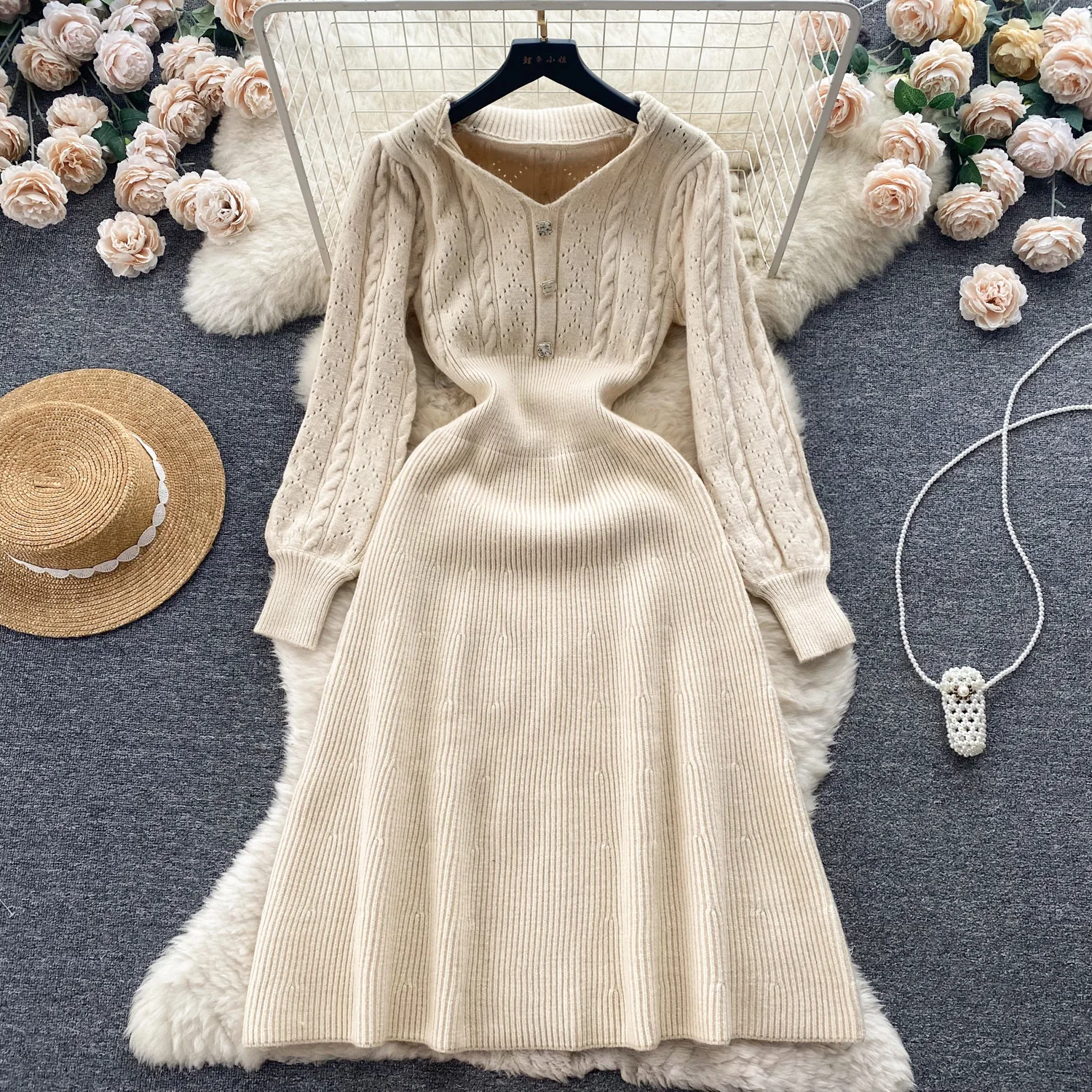 Winter Casual Fashion Vintage Long Sleeved Knitted Sweater Dress Women's Autumn New High Waist Slimming Long Dress