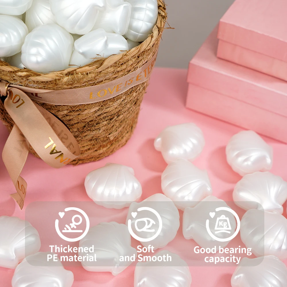 5.5cm 100 pçs/saco com saco de malha pe bola de plástico pit bolas pura pérola branco concha forma interior playground banho verão praia brinquedos