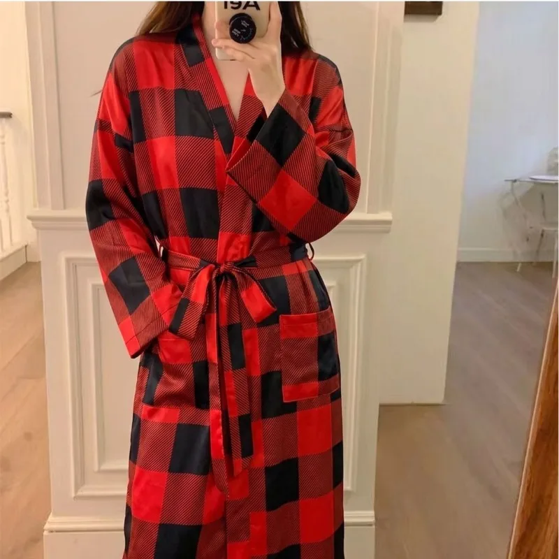Simple Red Checkered Robe for Women—new Spring/Fall Style, Long-Sleeve, Loose-Fitting, Comfortable Nightgown and Loungewear