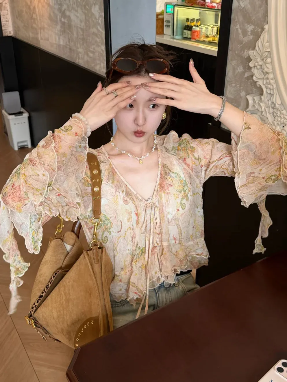 

French Style V-Neck Floral Print Chiffon Shirt Women's Spring Summer Outerwear Bell Sleeve Thin Sunshade Cover up Top