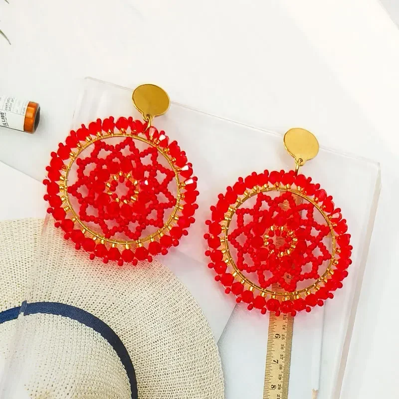 ZGMXR Rice bead earrings Circle Sunflower Hollow out Red Dream Simple Crystal Hand knitting Bohemia Alloy Beaded earrings