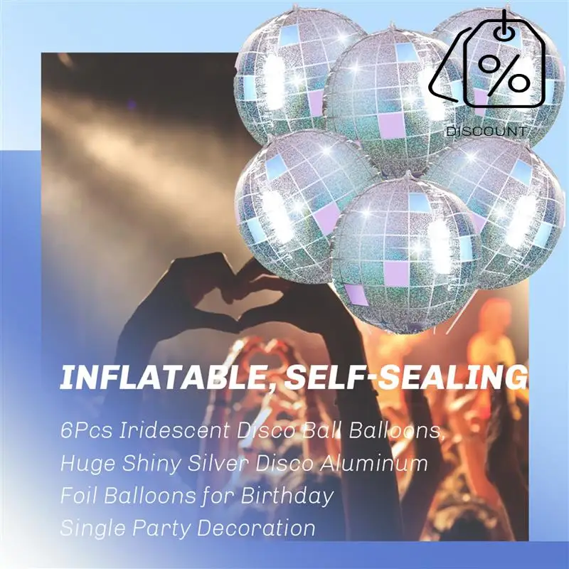 

6Pcs Iridescent Disco Ball Balloons, Huge Shiny Silver Disco Aluminum Foil Balloons For Birthday Single Party Decoration-AT30