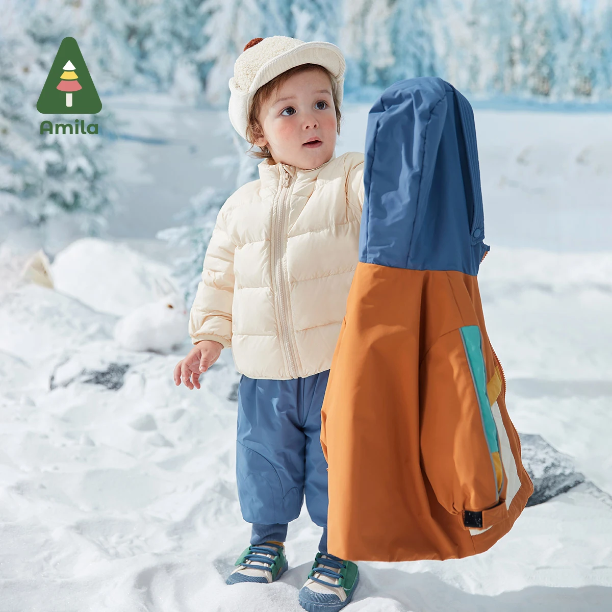 Amila Baby Daunen jacke 2024 Winter neue Jungen Mädchen Mode Patchwork Kapuze warmen Mantel drei in einem mit Taschen Kinder kleidung