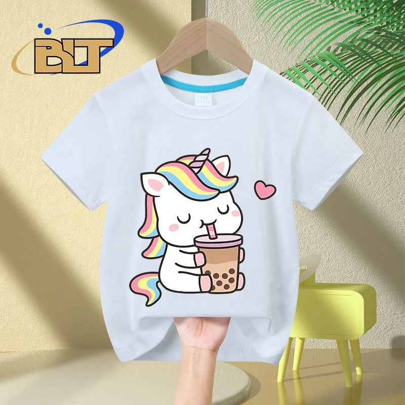 T-shirt à Manches Courtes en Pur Coton pour Enfant Garçon et Fille, Vêtement Décontracté avec Imprimé du Petit Nairobi Orn Love Boba Milk Tea