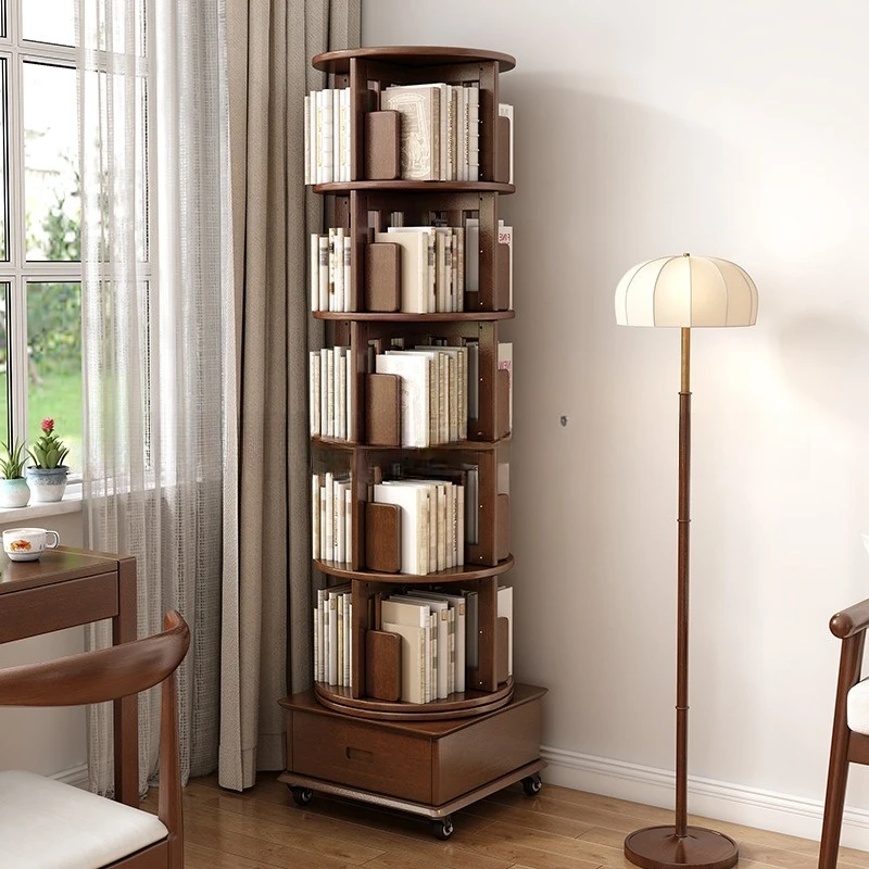 Solid wood 360-degree rotating bookshelf shelf floor-to-ceiling home living room removable bookcase children's storage