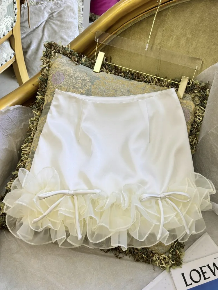 Chic Females Summer Sweet Ruffle Edge Short Skirts French Style A-Line Party Stage Fashion Lace Shirring Above Knee Mini Skirt