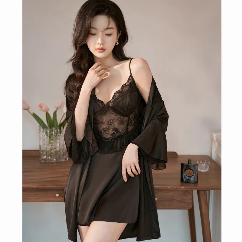 

Bride Black Bathrobe Suit Women Lace Hollow Out Nightgown Summer New Kimono Robe Set Lingerie Twinset Sleepwear Gown Clothing
