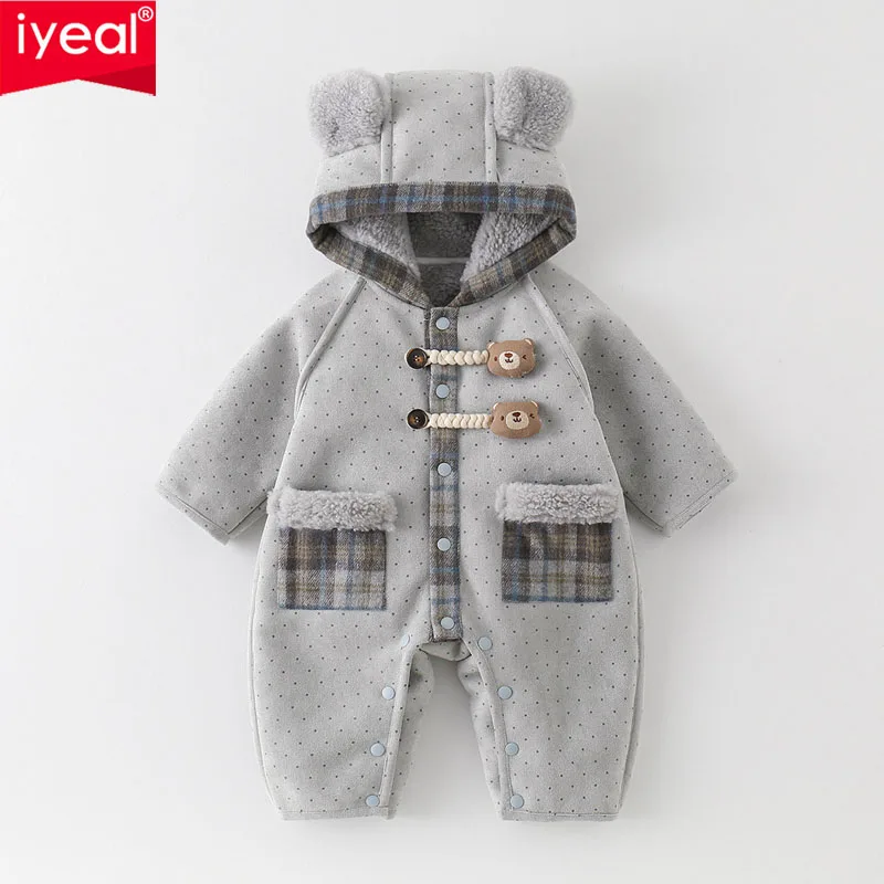 IYEAL Baby Autumn Winter Fleece Thickened Rompers Newborn Hooded Thick Soft Warm Overalls for Baby Boy Girl Jumpsuit