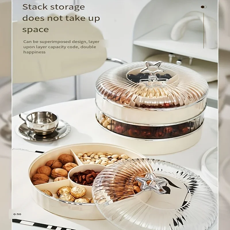 1pc, Luxury Cream-Colored Plastic Snack Organizer With Lid, Multi-Layer Nut And Treat Display Box, Round Tea Table  Box For  Use