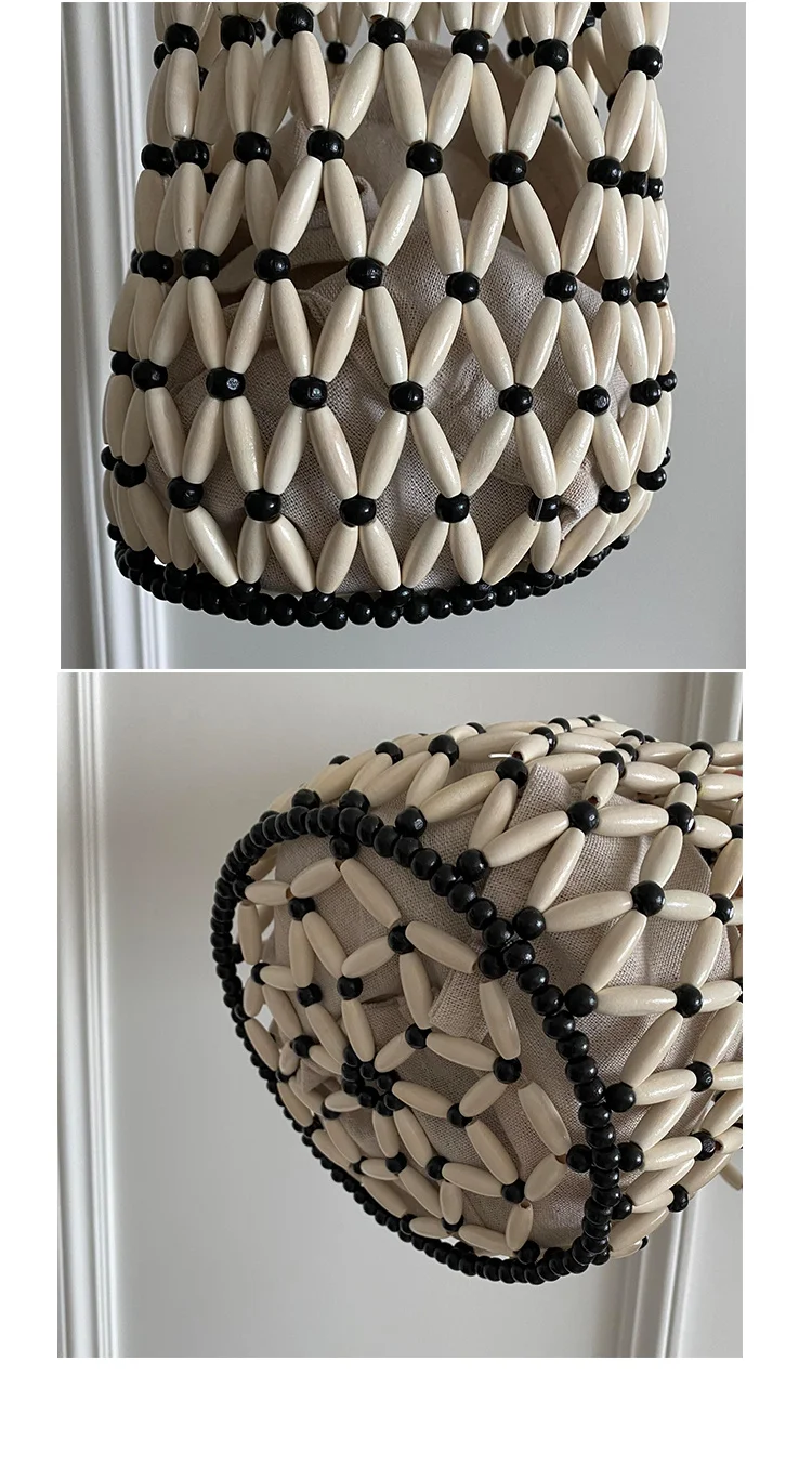 【wonder lamar】Women Handmade big wooden bead beaded hollow out Straw Bag for Summer Beach