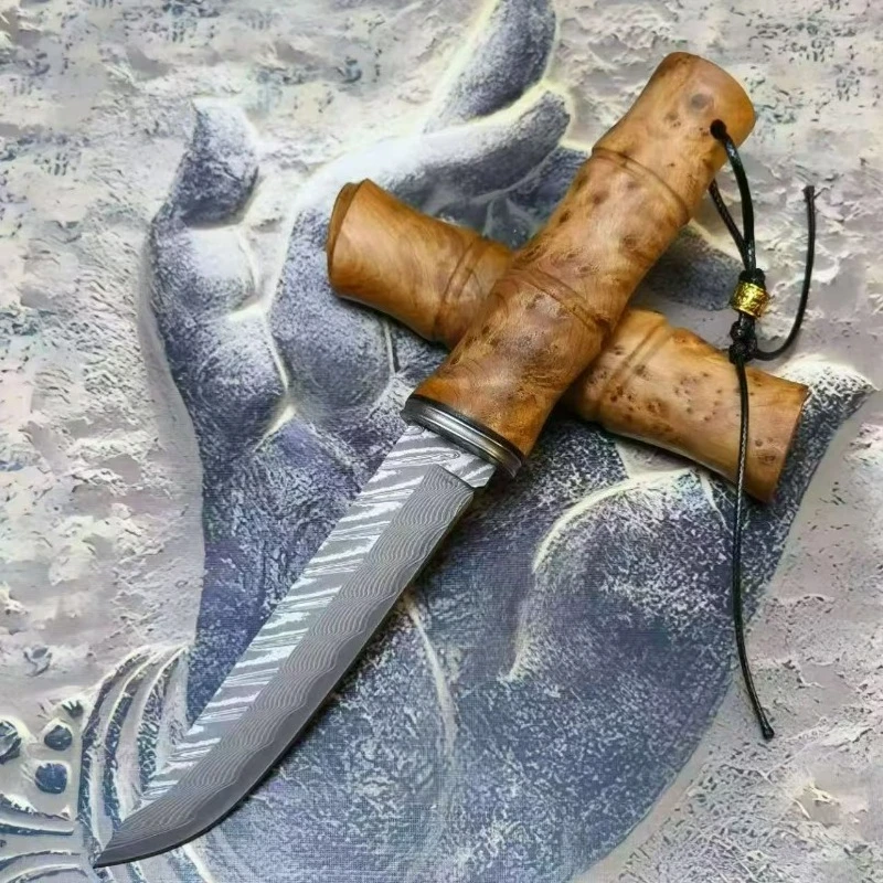 

Bamboo straight knife Damascus blade edc multitool knives utility Daily at home cutting outdoor bushcraft tactical knife BBQ