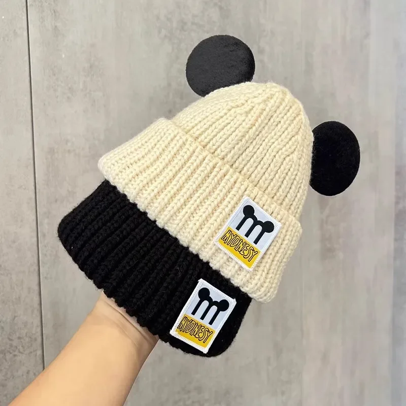 Disney Mickey Mouse Baby Hat Autumn and Winter Knitted Wool Hat Infant Cute Warm Ear Protection Hat Boys Girls Ear Pullover New