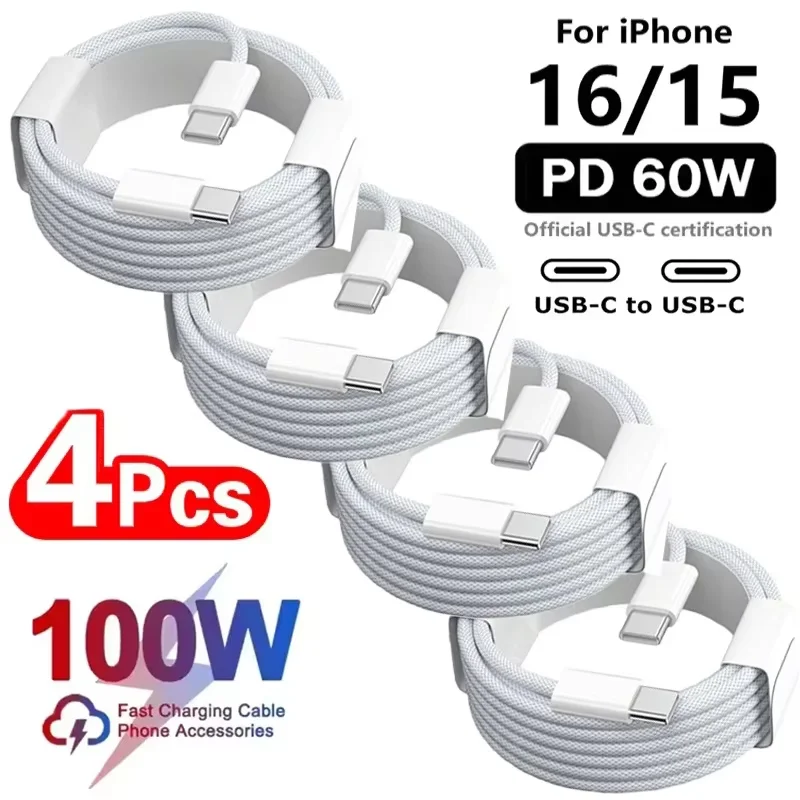 1/2/3/4Pcs 100W Type-C To Type-C Cable Fast Charging Charger Cable Fast Charge Support For iPhone 17 16 15 Samsung Xiaomi Huawei