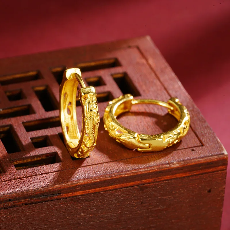 

Exquisite Luxury 24K 9999 Pure Gold real gold Women's Zodiac Dragon Earrings