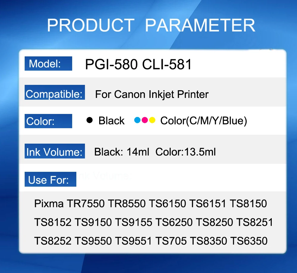 PGI580 PGI-580 CLI-581 Ink Cartridge For Canon PGI 580 CLI 581 CLI581 PIXMA TR7550 TR8550 TS6150 TS8150 TS9150 TS9155 printer