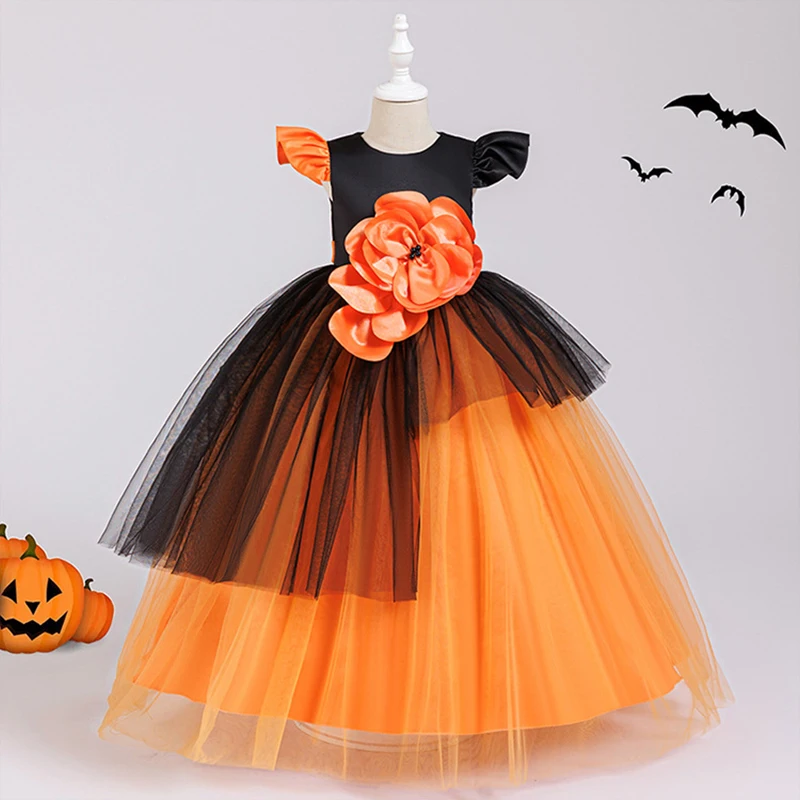 Halloween Cosplay Costume Children Pumpkin Witch Outfits Teen Girl Clothes Evening Dress Birthday Elegant Girls Party Dresses