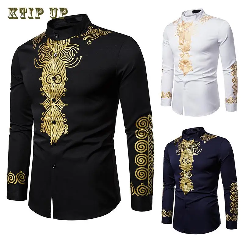 Men\'s Gold Floral Print Henley Shirt, Ethnic Style, Stand Collar, African Dashiki, Islamic Long Tops, Casual, Luxury