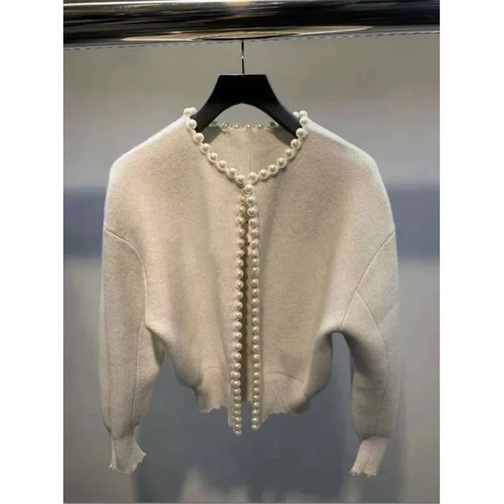 Pearls Batwing Sleeve Knit Vintage Cardigan Office Ladies Fashion Knitted Korean Jackets Women\'S Black High Quality Jacket Coat